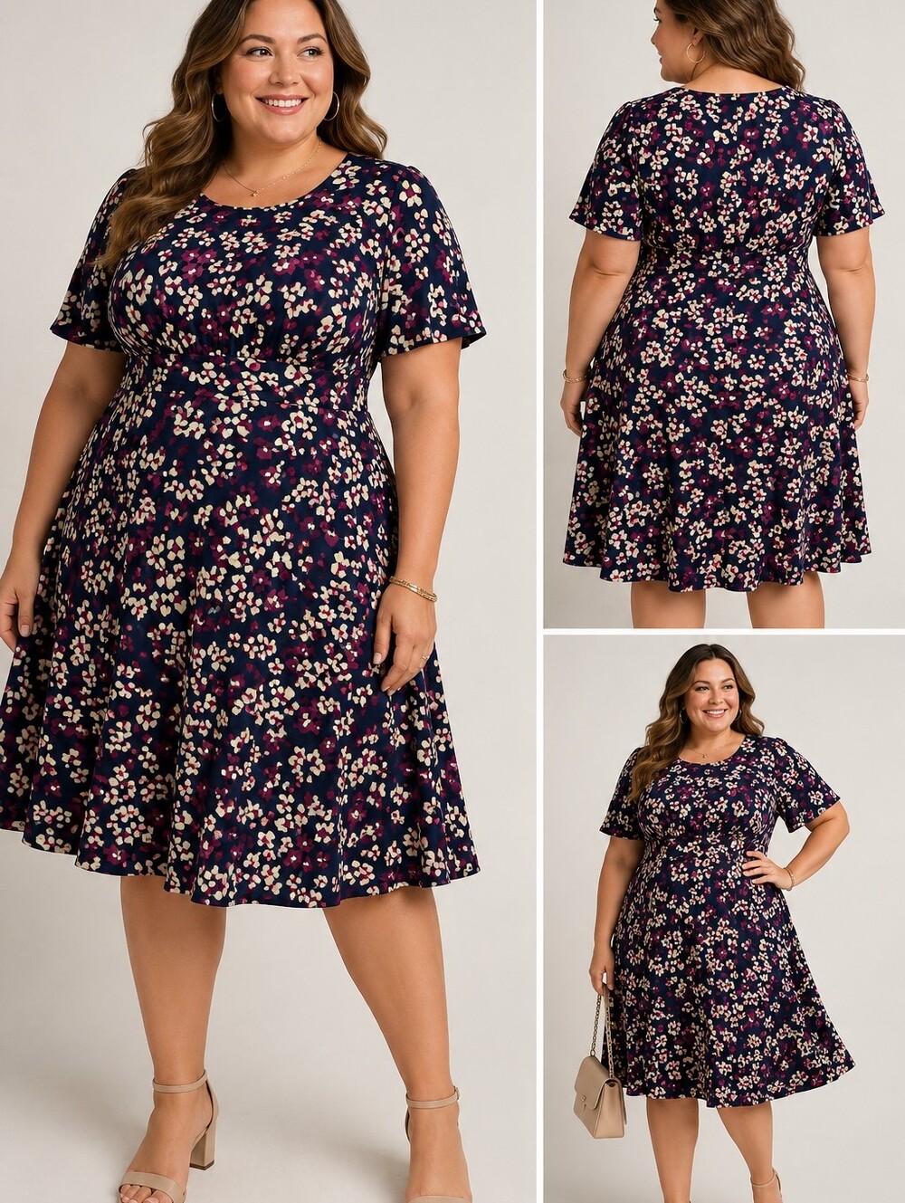 London Times Navy Floral Fit & Flare Dress with Pink and Cream Accents NWT 20W
